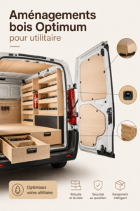 Aménagement en bois dans un utilitaire avec étagères et tiroirs.