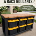 Banc de rangement à roulettes en bois dans un salon moderne