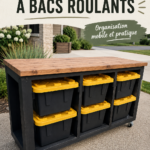 Banc de rangement à roulettes en bois dans un salon moderne