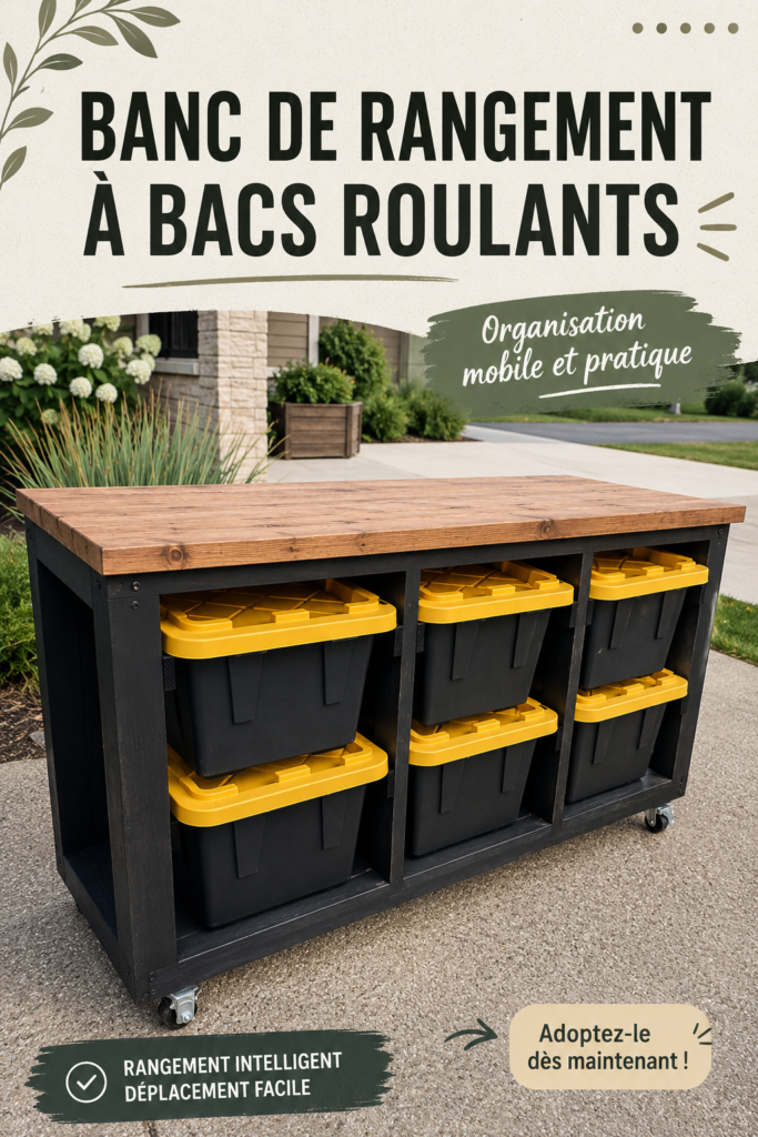 Banc de rangement à roulettes en bois dans un salon moderne