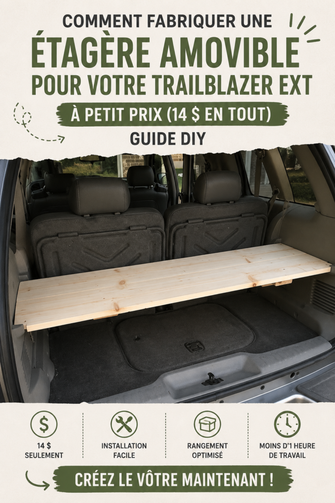 Étagère amovible fabriquée pour un Chevy Trailblazer, montrant un rangement organisé.
