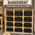 Étagères de rangement créées avec des bacs de 27 gallons