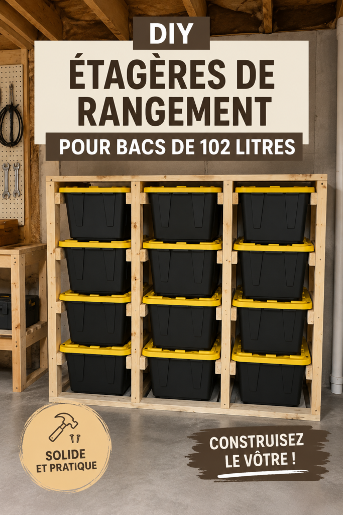 Étagères de rangement créées avec des bacs de 27 gallons