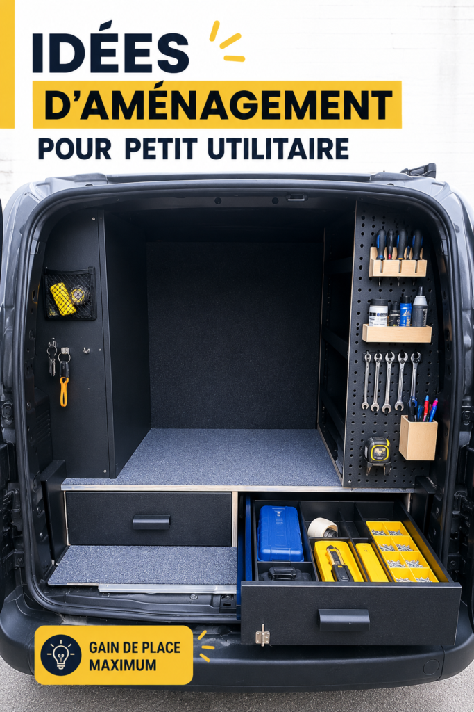 Aménagement intérieur d'un van avec un espace de rangement optimisé