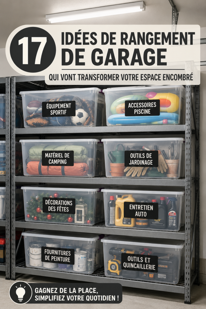 Un garage parfaitement organisé avec des étagères et des caisses de rangement