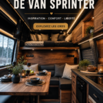 Intérieur chaleureux et moderne d'un van aménagé avec un lit et des rangements pratiques