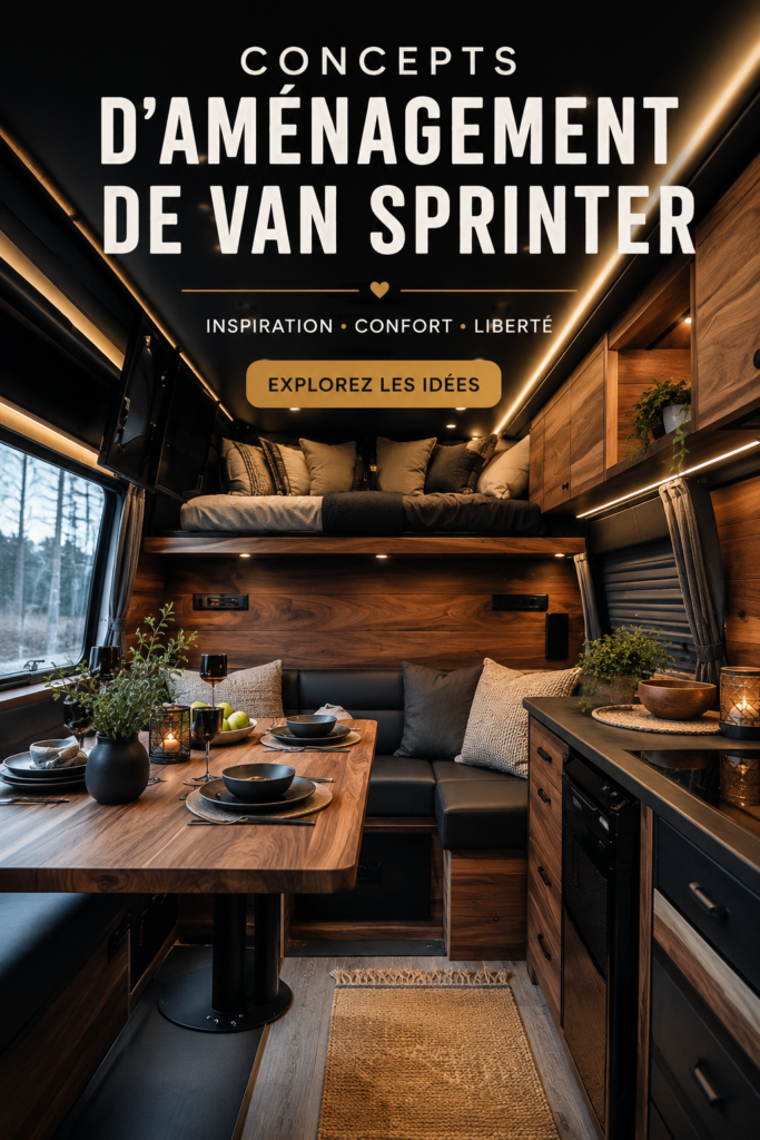Intérieur chaleureux et moderne d'un van aménagé avec un lit et des rangements pratiques