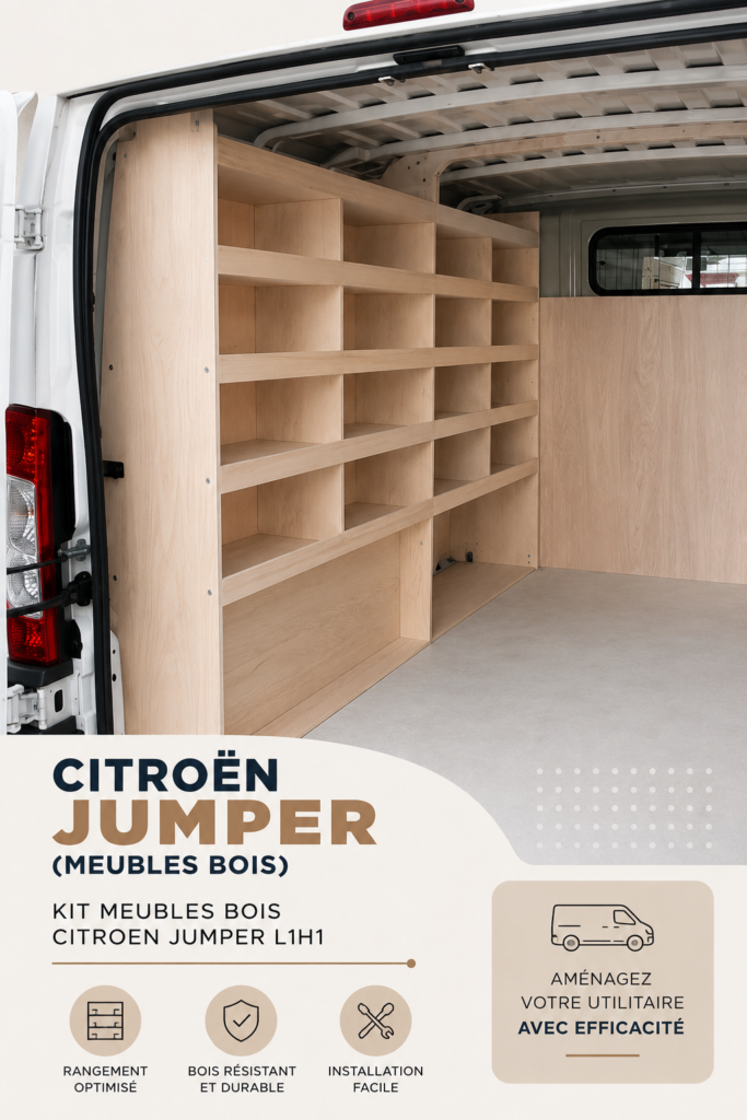 Intérieur chaleureux d'un Citroën Jumper avec mobilier en bois.