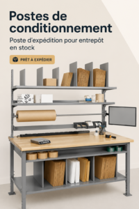 Une station de packing bien organisée avec des fournitures d'expédition.
