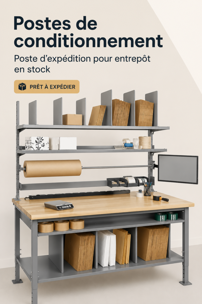 Une station de packing bien organisée avec des fournitures d'expédition.