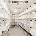 Un espace de rangement bien organisé avec des boîtes étiquetées et des étagères, reflétant l'ordre et l'efficacité.