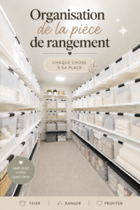 Un espace de rangement bien organisé avec des boîtes étiquetées et des étagères, reflétant l'ordre et l'efficacité.
