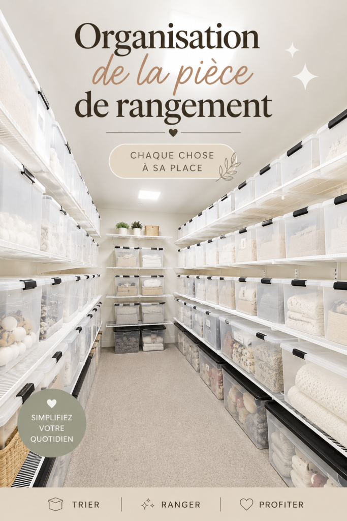 Un espace de rangement bien organisé avec des boîtes étiquetées et des étagères, reflétant l'ordre et l'efficacité.