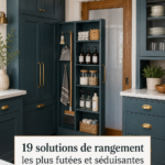 Exemple de solutions de rangement esthétiques dans un salon moderne.