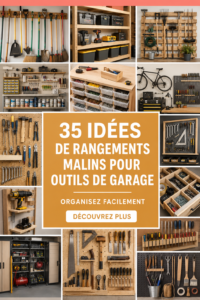 Garage organisé avec des outils et du matériel de jardinage rangé de manière esthétique.