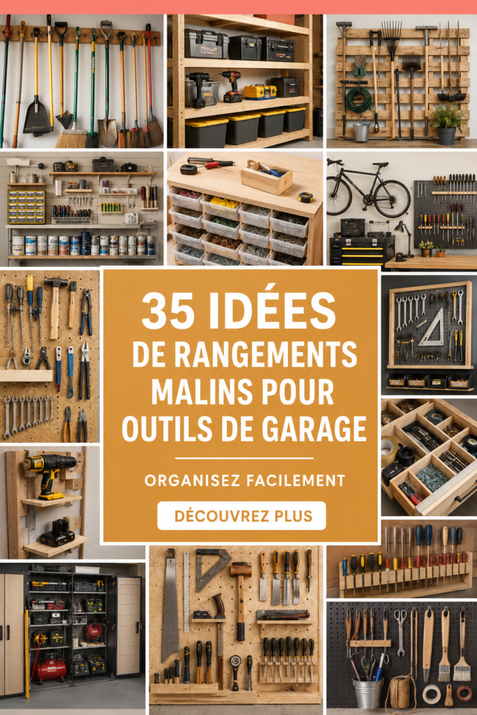 Garage organisé avec des outils et du matériel de jardinage rangé de manière esthétique.