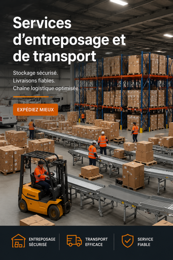 Image d'un entrepôt moderne avec des marchandises bien organisées, représentant des services de stockage fiables.