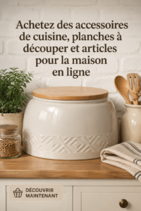 Collection d'accessoires de cuisine moderne avec des planches à découper en bois et en plastique.