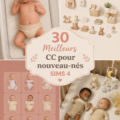 Accessoires pour nouveau-nés dans Sims 4, incluant vêtements et décorations uniques.