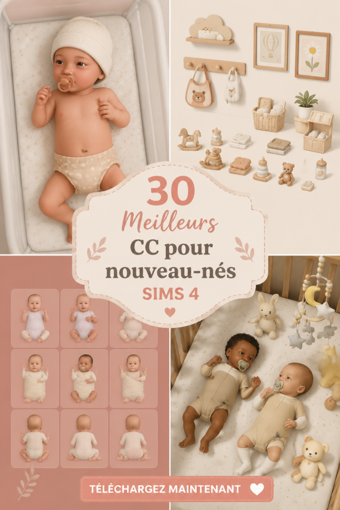 Accessoires pour nouveau-nés dans Sims 4, incluant vêtements et décorations uniques.
