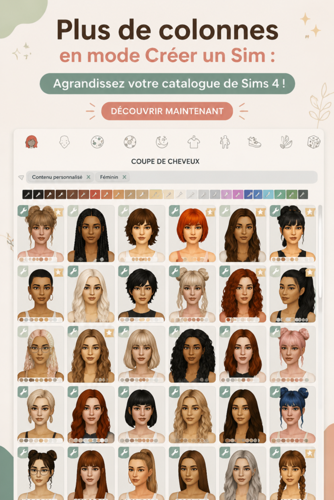 Capture d'écran d'un catalogue Create A Sim élargi avec plus de colonnes dans TS4.