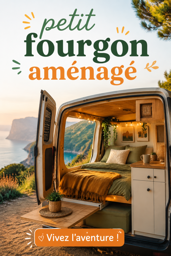 Un petit fourgon aménagé, intérieur cosy et pratique pour les voyages.