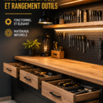 Un atelier moderne avec un banc en bois et un rangement pratique pour les outils.