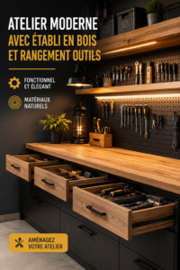 Un atelier moderne avec un banc en bois et un rangement pratique pour les outils.