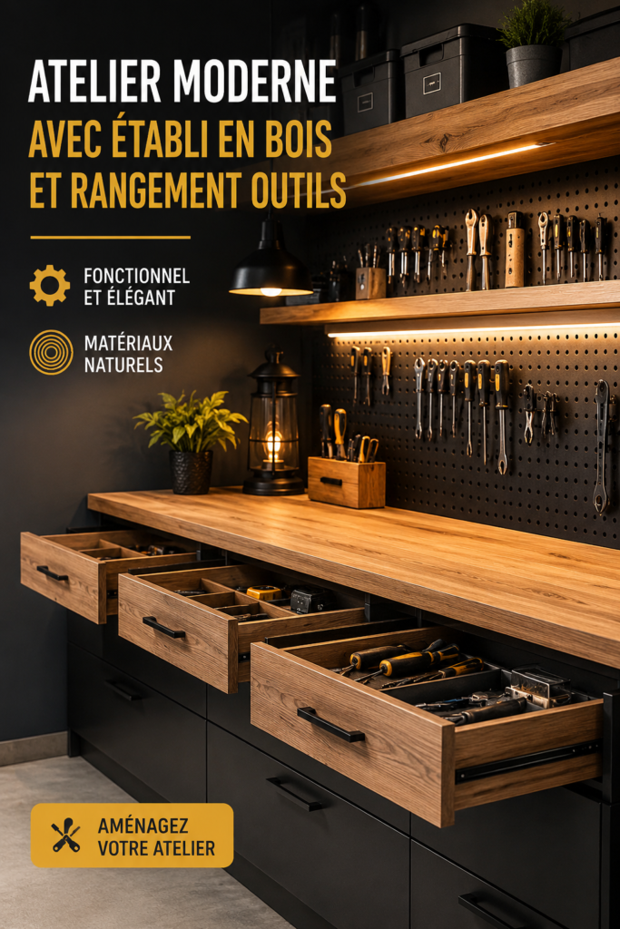 Un atelier moderne avec un banc en bois et un rangement pratique pour les outils.