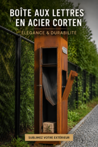 Boîte aux lettres en acier corten moderne devant une maison