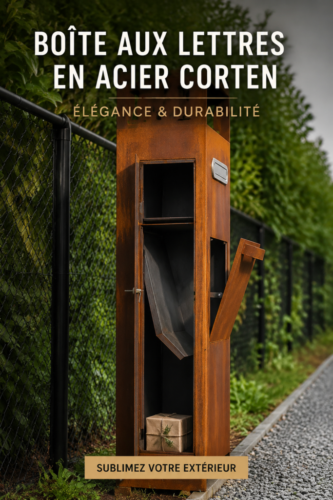Boîte aux lettres en acier corten moderne devant une maison