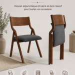 Chaises pliantes rembourrées dans un cadre en bois solide, couleur gris foncé et chêne, parfaites pour un intérieur moderne.