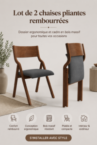 Chaises pliantes rembourrées dans un cadre en bois solide, couleur gris foncé et chêne, parfaites pour un intérieur moderne.