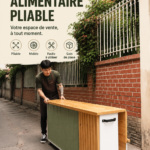 Chariot de nourriture pliable en bois, pratique et esthétique dans une cuisine moderne.