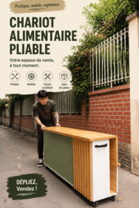 Chariot de nourriture pliable en bois, pratique et esthétique dans une cuisine moderne.