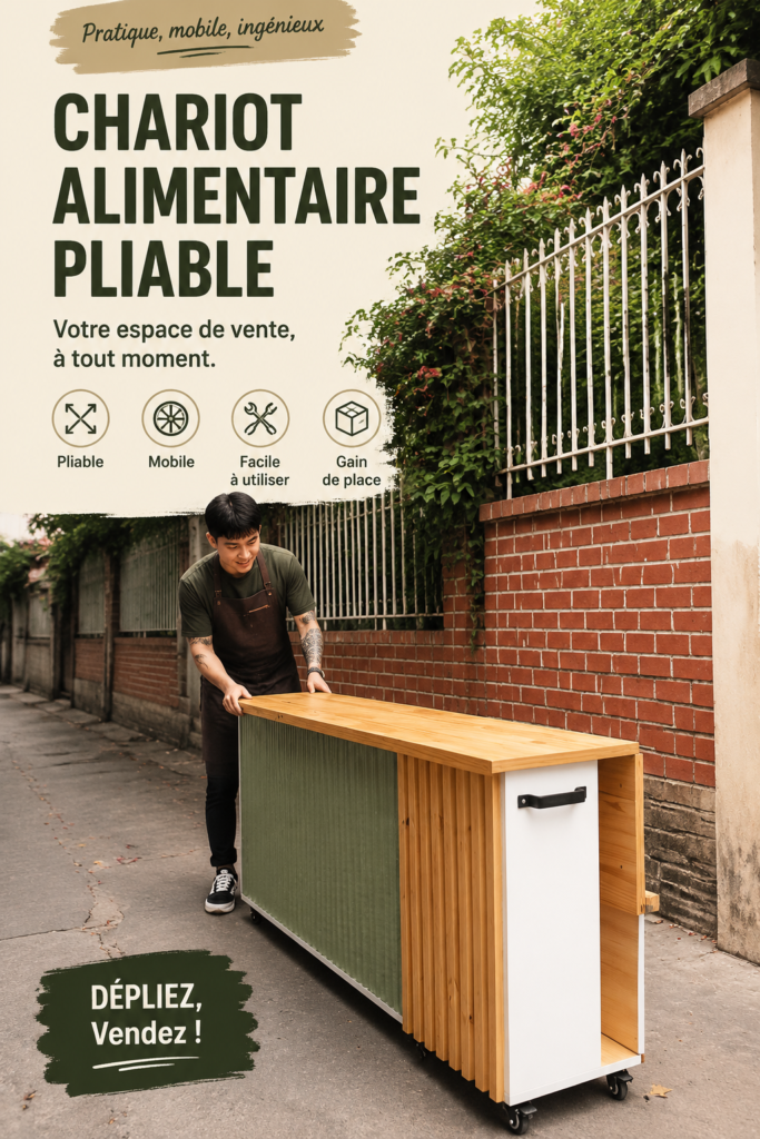Chariot de nourriture pliable en bois, pratique et esthétique dans une cuisine moderne.