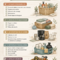 Boîte essentielle pour la première nuit après un déménagement avec divers objets organisés.