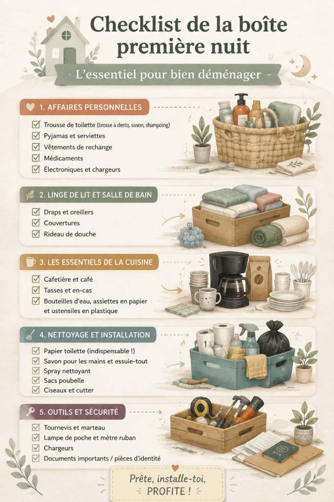 Boîte essentielle pour la première nuit après un déménagement avec divers objets organisés.