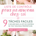 Une femme souriante devant sa nouvelle maison avec une checklist en main, prête à s'installer sereinement.