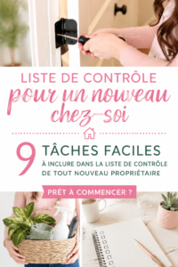 Une femme souriante devant sa nouvelle maison avec une checklist en main, prête à s'installer sereinement.