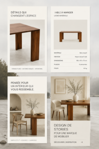 Un écran de smartphone affichant des stories de design pour une marque d'ameublement.
