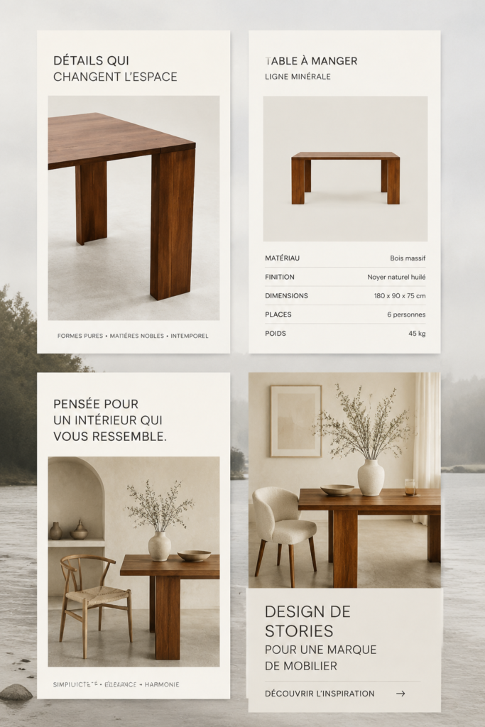 Un écran de smartphone affichant des stories de design pour une marque d'ameublement.
