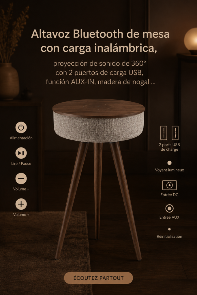 Enceinte Bluetooth en bois de noyer avec son 360° dans un salon moderne