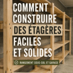 Etagères de rangement solides en bois dans un garage organisé.