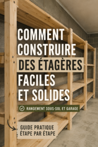 Etagères de rangement solides en bois dans un garage organisé.