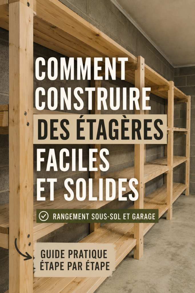 Etagères de rangement solides en bois dans un garage organisé.