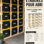 Étagères en bois construites dans un abri de jardin, offrant un rangement fonctionnel.