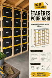 Étagères en bois construites dans un abri de jardin, offrant un rangement fonctionnel.