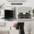 Un four à micro-ondes pliable et portable posé sur une table en extérieur, prêt à être utilisé pour réchauffer un repas.