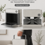 Un four à micro-ondes pliable et portable posé sur une table en extérieur, prêt à être utilisé pour réchauffer un repas.